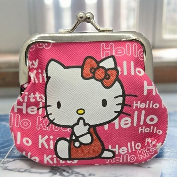 Hello Kitty Coin Pouch Mini Change Purse Pink Cartoon Cat Logo PU Leather NWT - Picture 1 of 6